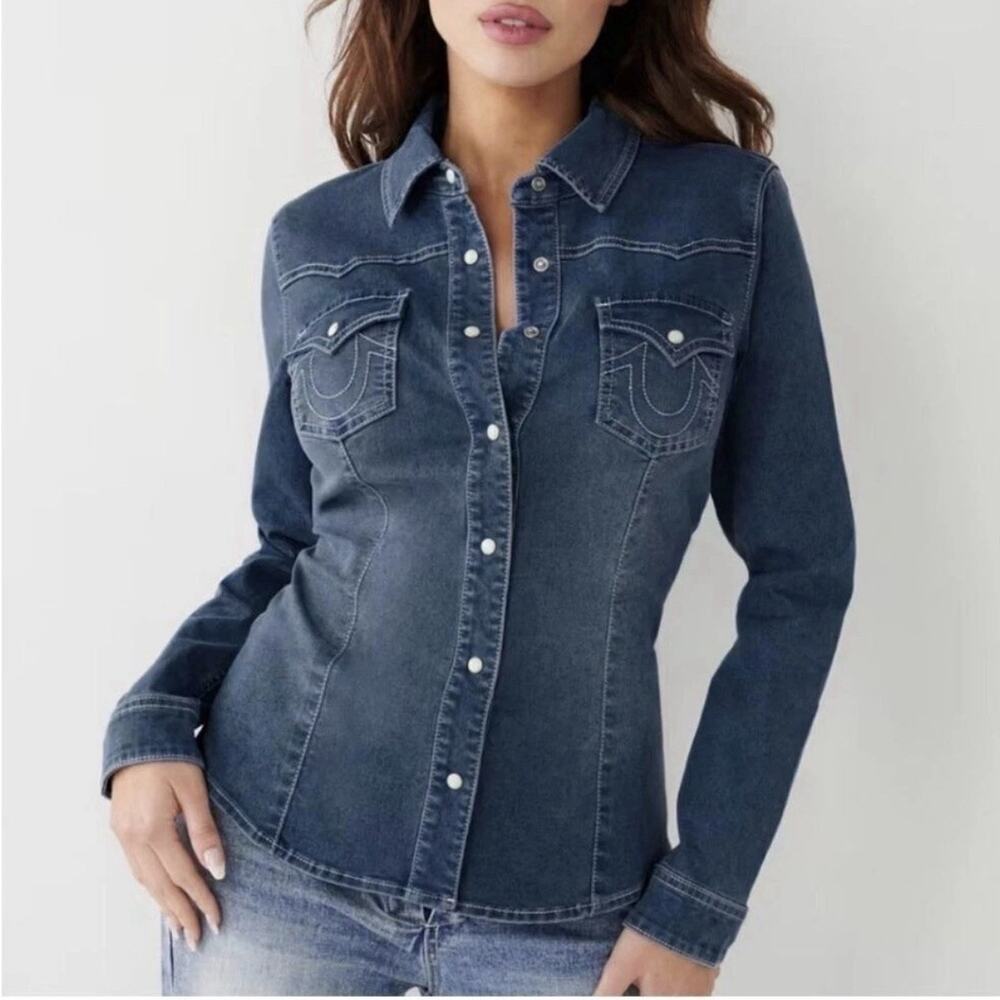 True Religion Chambray Western Denim Shirt Shacket Jacket Pearl Button Size S